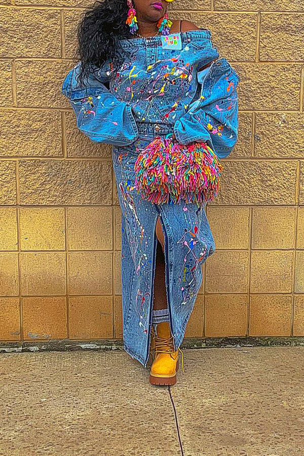 storexq Splash Ink Print Denim Off Shoulder Hippy Mid Split Skirt Suit
