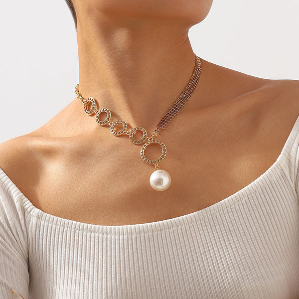 storexq Rhinestone O-ring Design Stunning Faux Pearl Pendant Necklace
