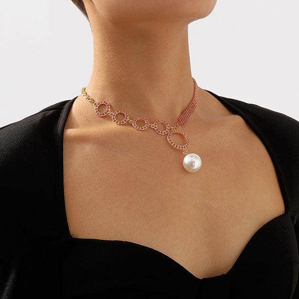 storexq Rhinestone O-ring Design Stunning Faux Pearl Pendant Necklace