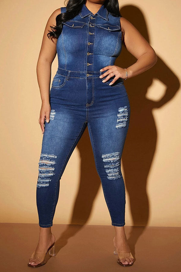 storexq Ripped Classic Button Down Denim Jumpsuit