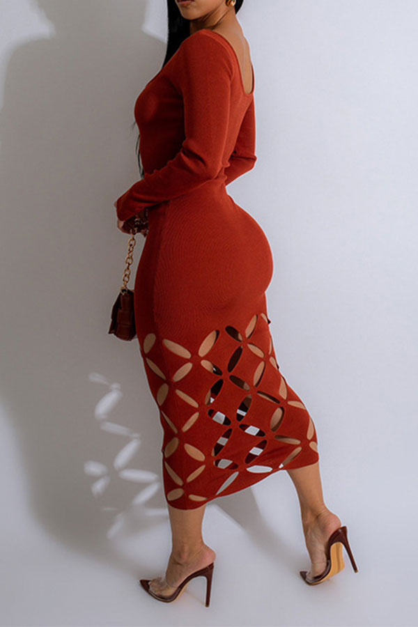 storexq Solid Color Romantic Cutout Design Midi Dress