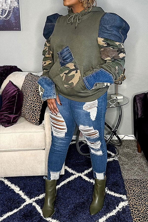 storexq Patchwork Camouflage Cool Pocket Hooded Top