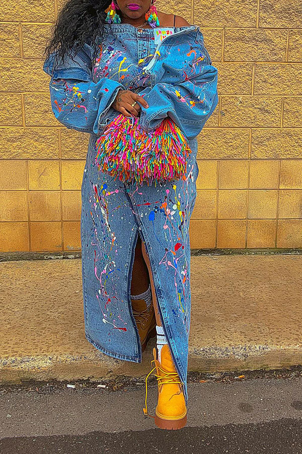 storexq Splash Ink Print Denim Off Shoulder Hippy Mid Split Skirt Suit