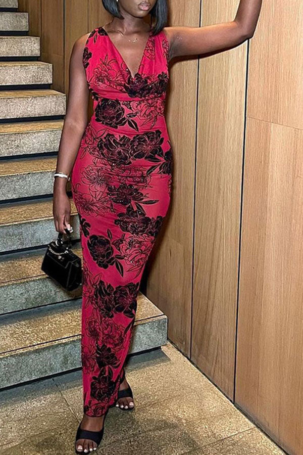 storexq Flower Print Flattering Halter Collar Maxi Dress
