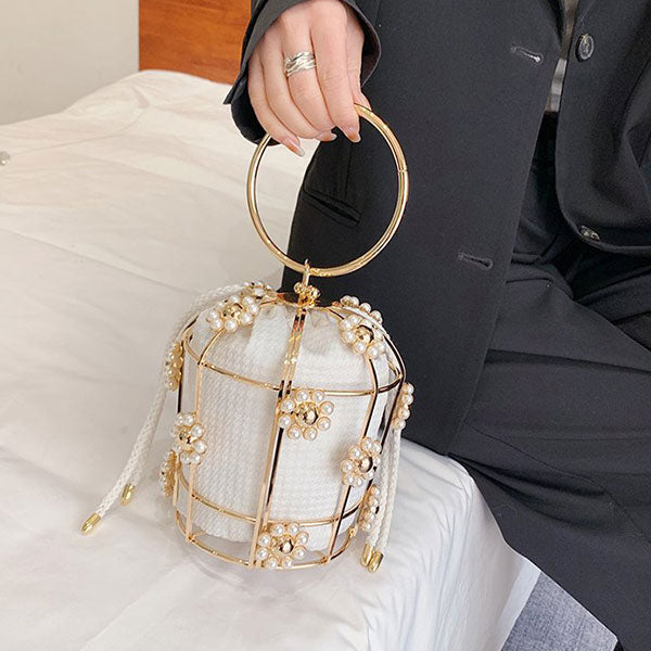 storexq Pearls Decor Elegant Metallic Bucket Bag