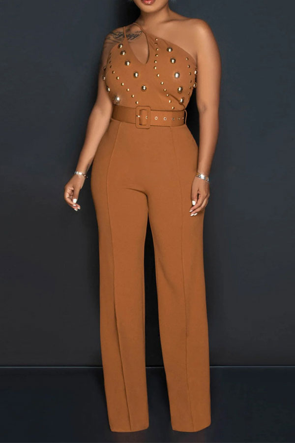 storexq Rivet Design One Shoulder Glamorous Belted Jumpsuit