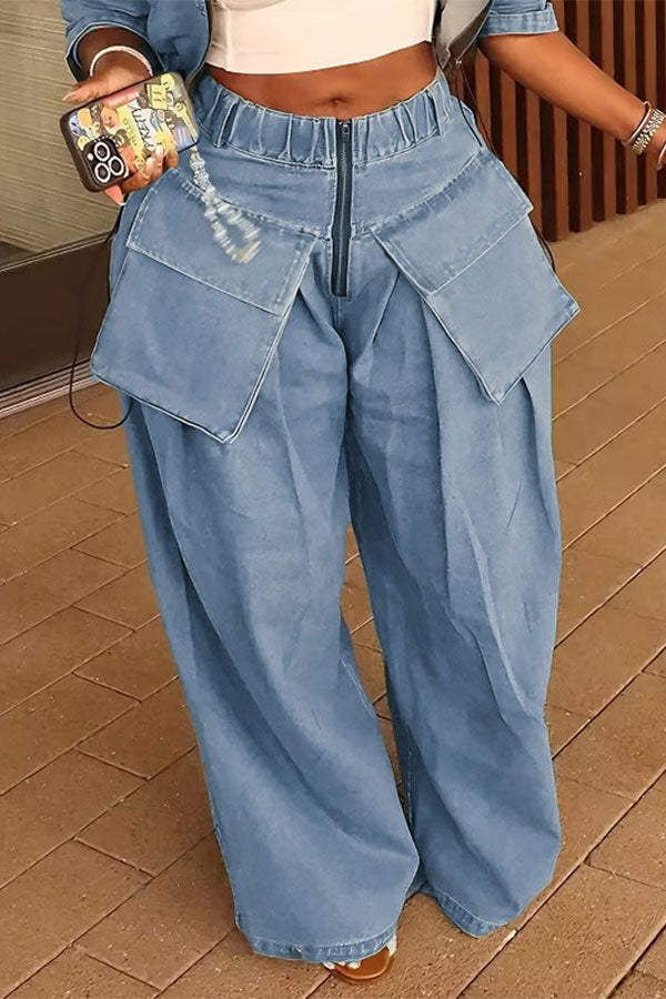 storexq Solid Color Baggy Hippy Patch Pocket Jeans