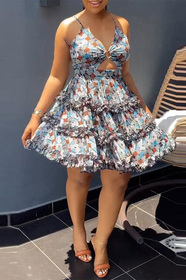 storexq Geometric Print Sweet Cutout Tiered Mini Dress
