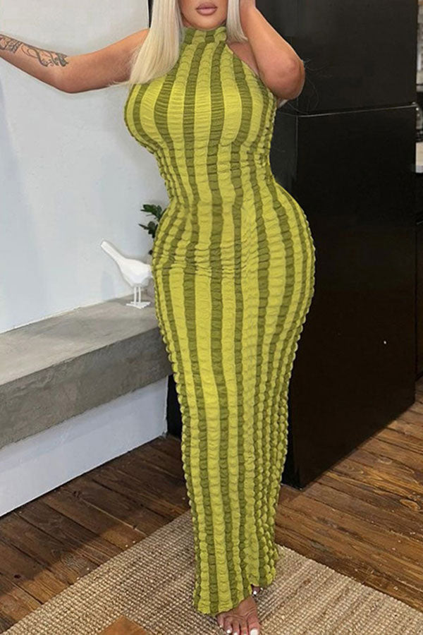 storexq Color Block Striped Modern Bubble Texture Maxi Dress