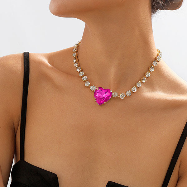 storexq Heart-Shaped Glass Drill Girly Rhinestone Necklace