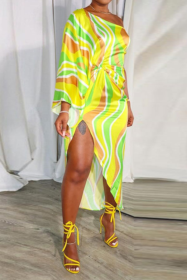 storexq Ripple Print Whimsical High Split Asymmetric Midi Dress