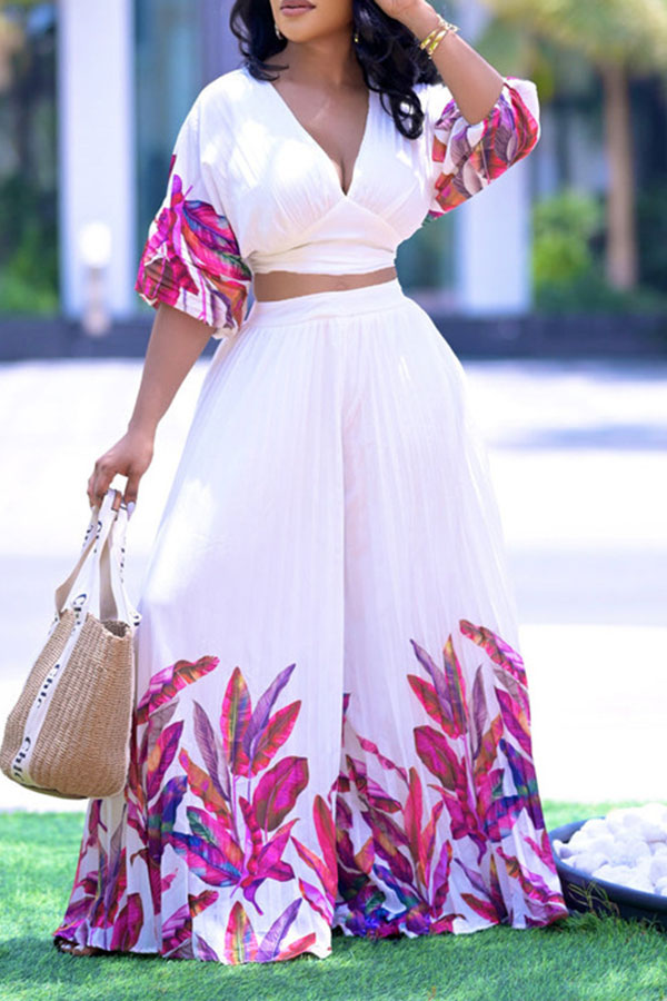 storexq Leaf Print Elegant Pleated Wide Leg Pant Suit