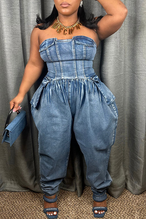 storexq Blue Strapless Party Washed Denim Jumpsuit