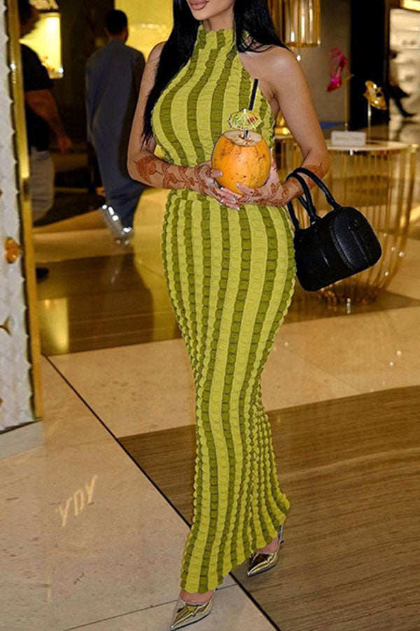 storexq Color Block Striped Modern Bubble Texture Maxi Dress