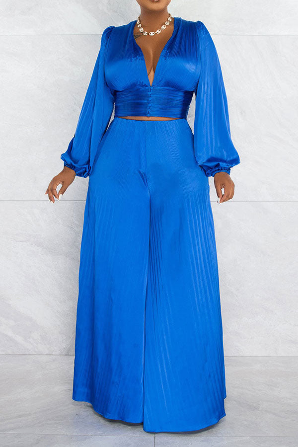 storexq Solid Color Casual Puff Sleeve Pant Suit