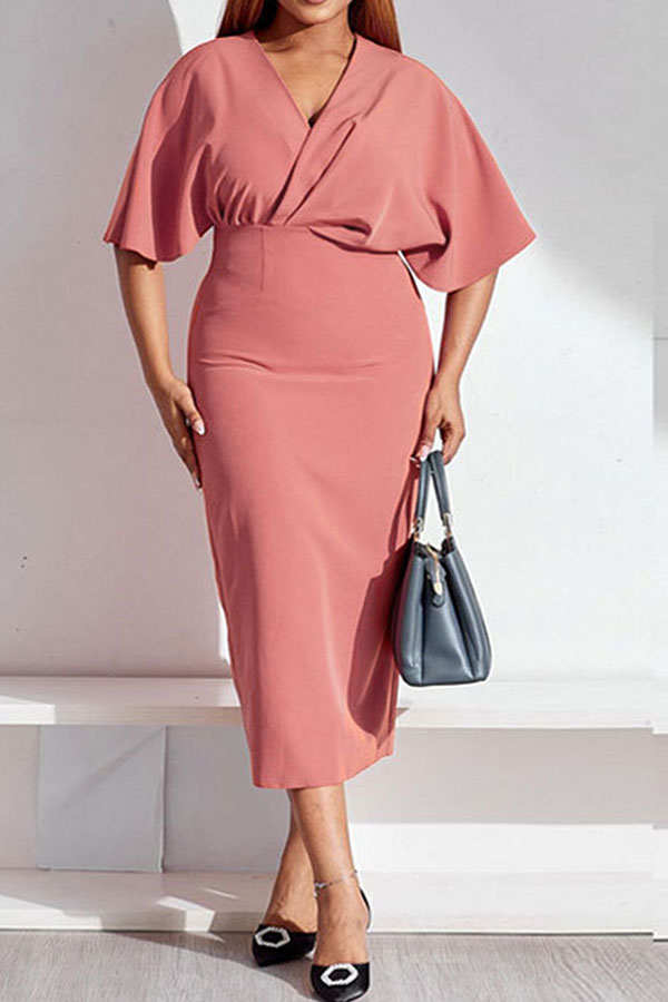 storexq Solid Color Feminine V Neck Midi Dress