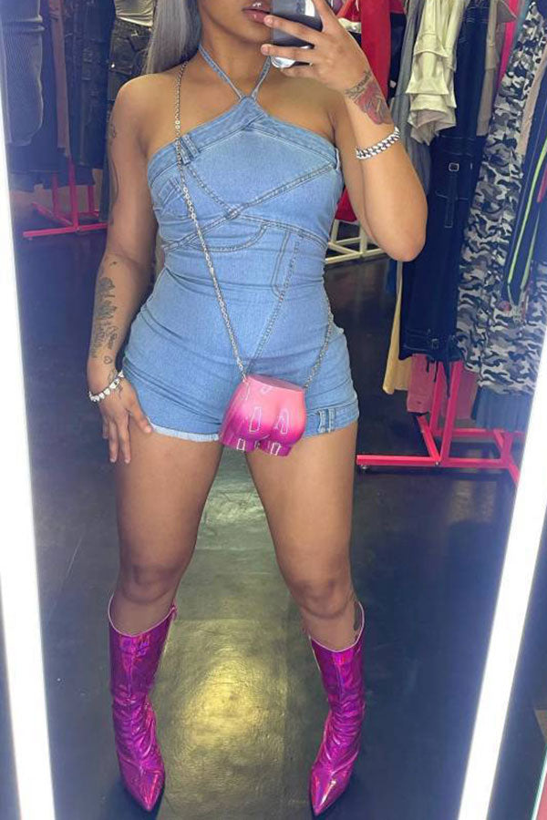 storexq Solid Color Halter Collar Flattering Bodycon Denim Romper