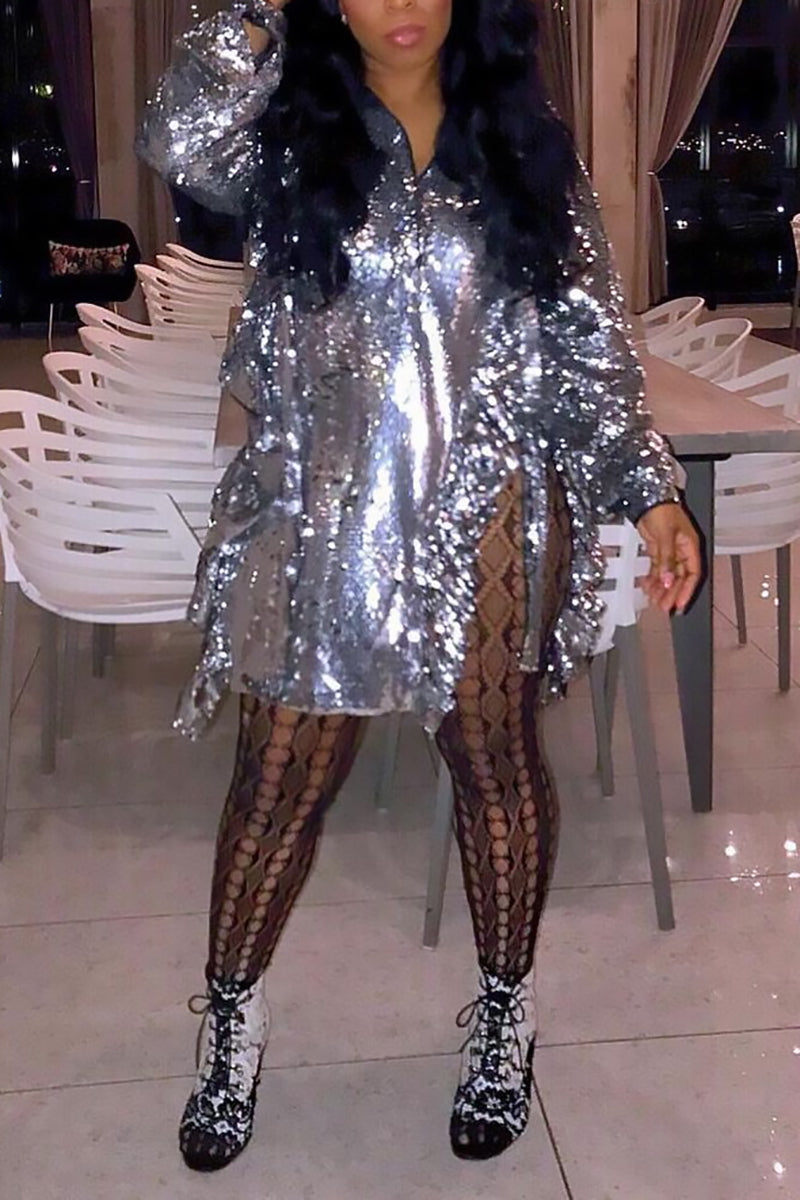 storexq Sequined Sparkly Stringy Selvedge Split Irregular Mini Dress