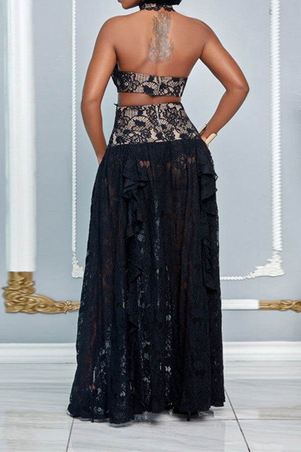 storexq Black Lace Halter Collar Stunning See-Through Maxi Dress