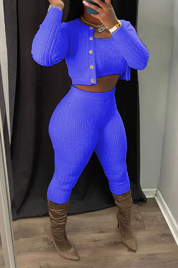 storexq Solid Color Simple Bodycon Knitted Pant Suit (Three Pieces)