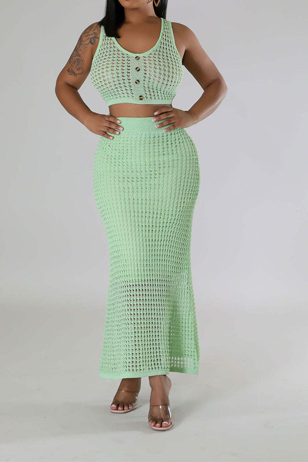 storexq Solid Color Crochet Cutout Beachy Fishtail Skirt Suit