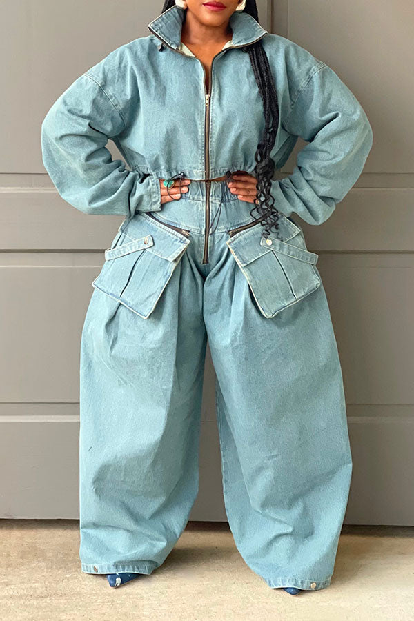 storexq Solid Color Denim Cool Drawstring Patch Pocket Pant Suit