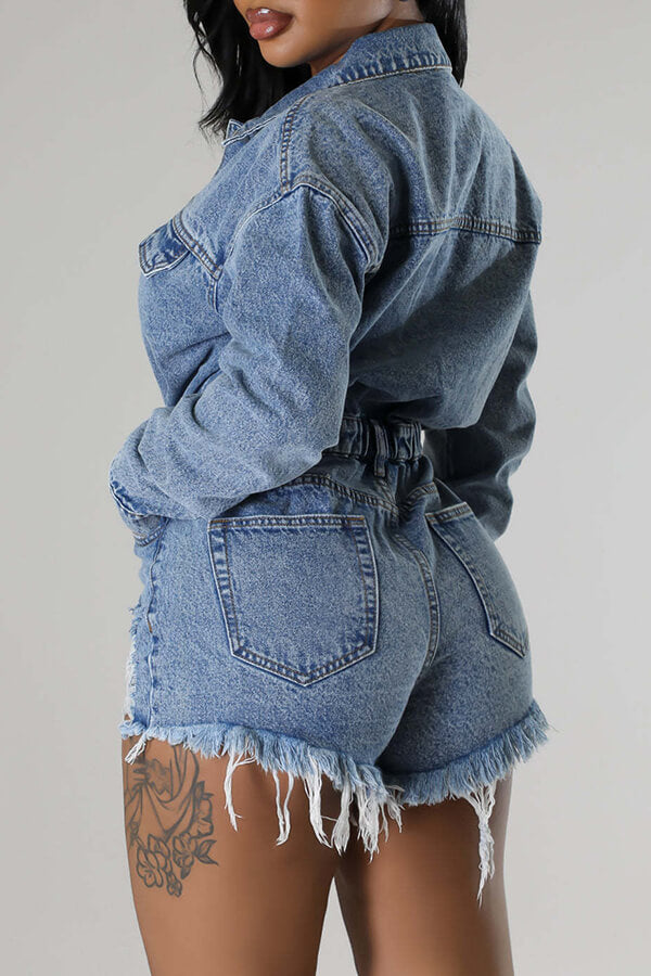 storexq Blue Ripped Casual Washed Denim Romper