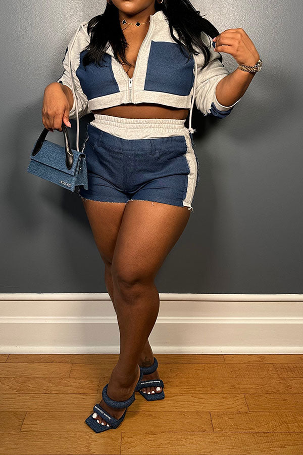 storexq Hit Color Denim Patchwork Urban Hooded Pant Suit