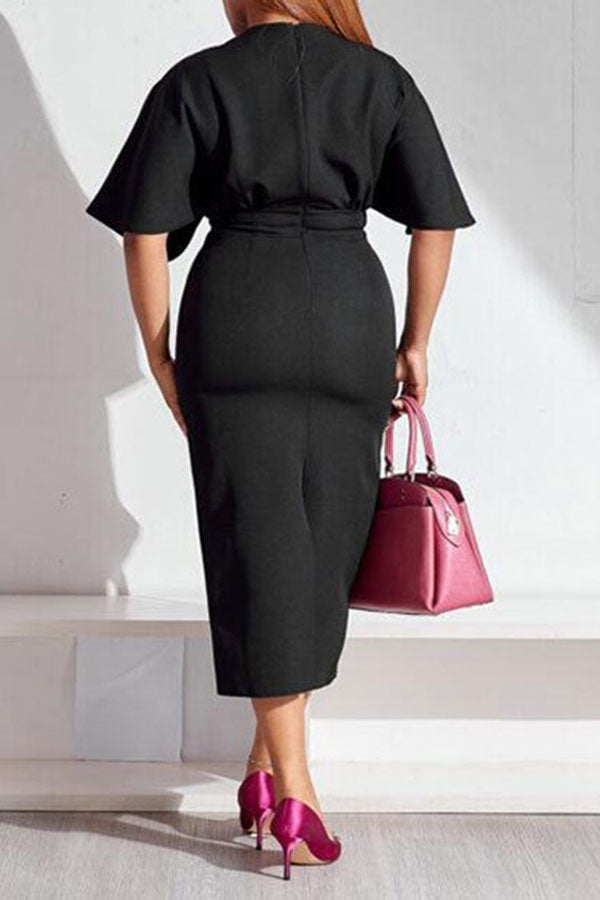 storexq Solid Color Feminine V Neck Midi Dress
