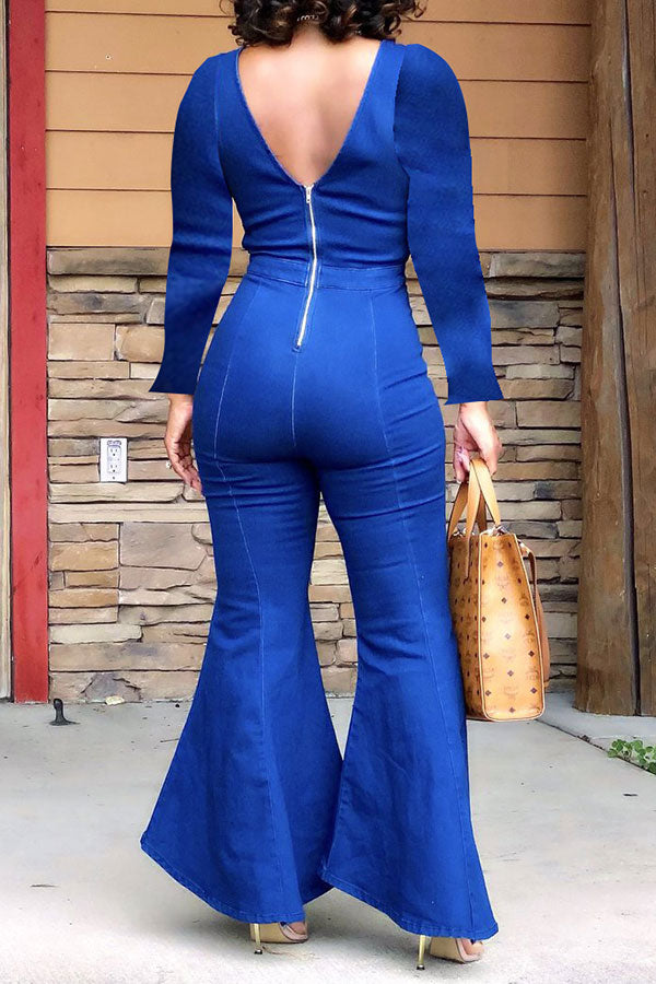 storexq Denim Wrap Cutout Feminine Bell Bottoms Jumpsuit