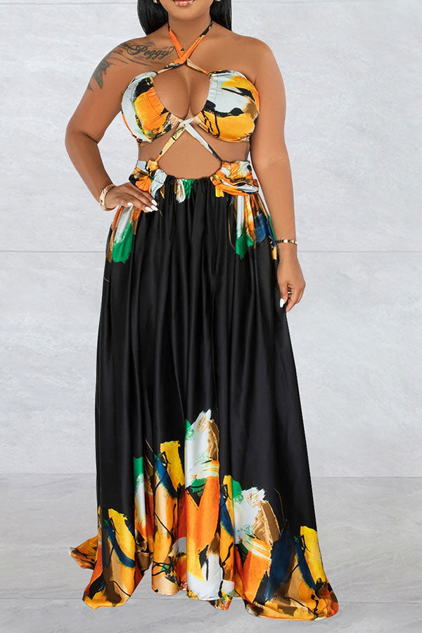 storexq Graffiti Print Tropical Strappy Cutout Open Back Maxi Dress