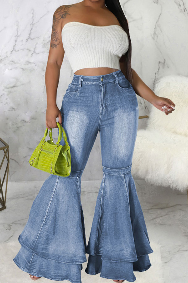 storexq Solid Color Pretty Layered Bell Bottoms Jeans