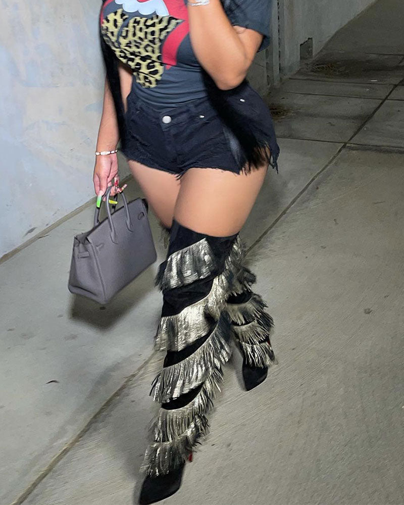 storexq Hit Color Irregular Tassel Unusual Over The Knee Boots