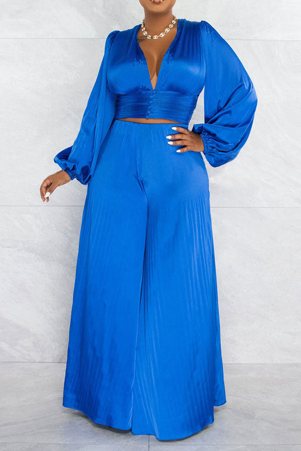storexq Solid Color Casual Puff Sleeve Pant Suit