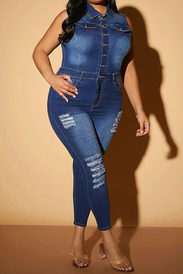 storexq Ripped Classic Button Down Denim Jumpsuit