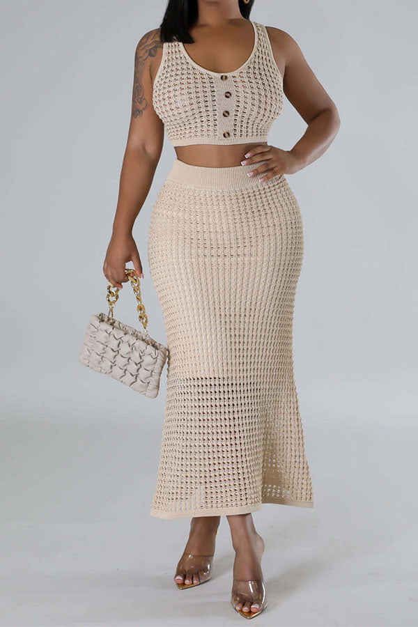 storexq Solid Color Crochet Cutout Beachy Fishtail Skirt Suit