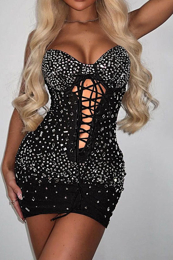 storexq Rhinestone Feminine Strappy Mini Dress