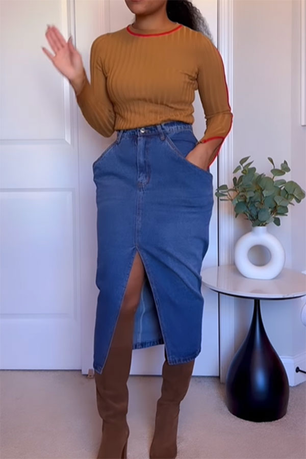 storexq Solid Color Dramatic Pocket Design High Split Denim Skirt