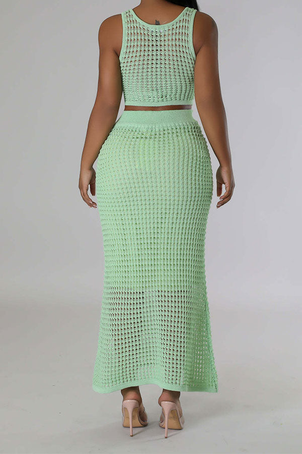 storexq Solid Color Crochet Cutout Beachy Fishtail Skirt Suit