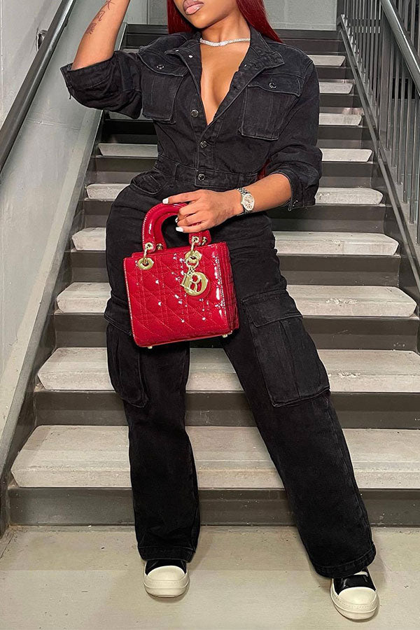 storexq Solid Color Cool Multi Pocket Denim Jumpsuit