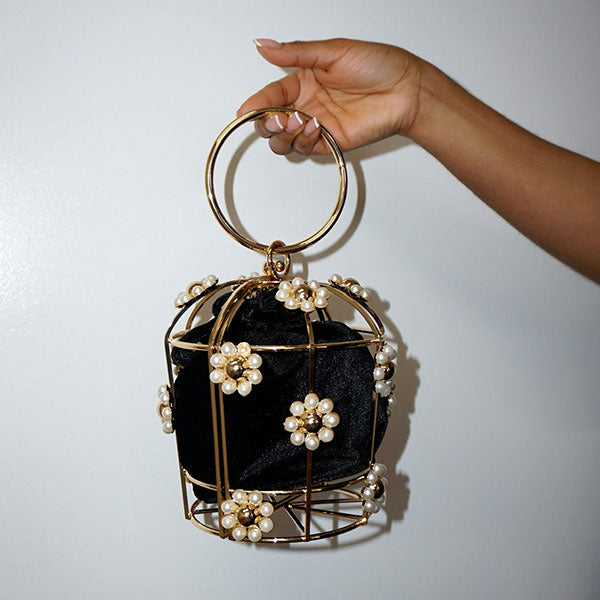 storexq Pearls Decor Elegant Metallic Bucket Bag