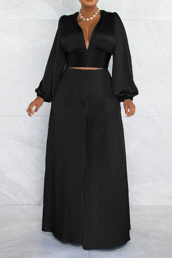 storexq Solid Color Casual Puff Sleeve Pant Suit