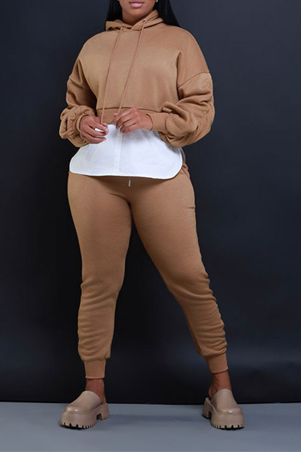 storexq Hit Color Patchwork Casual Hooded Pant Suit