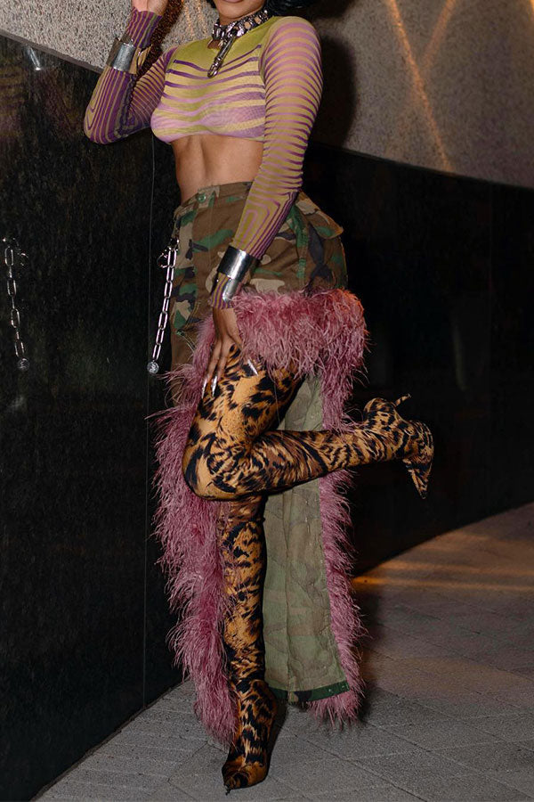 storexq Camouflage Rocking Feather Trim Irregular Skirt