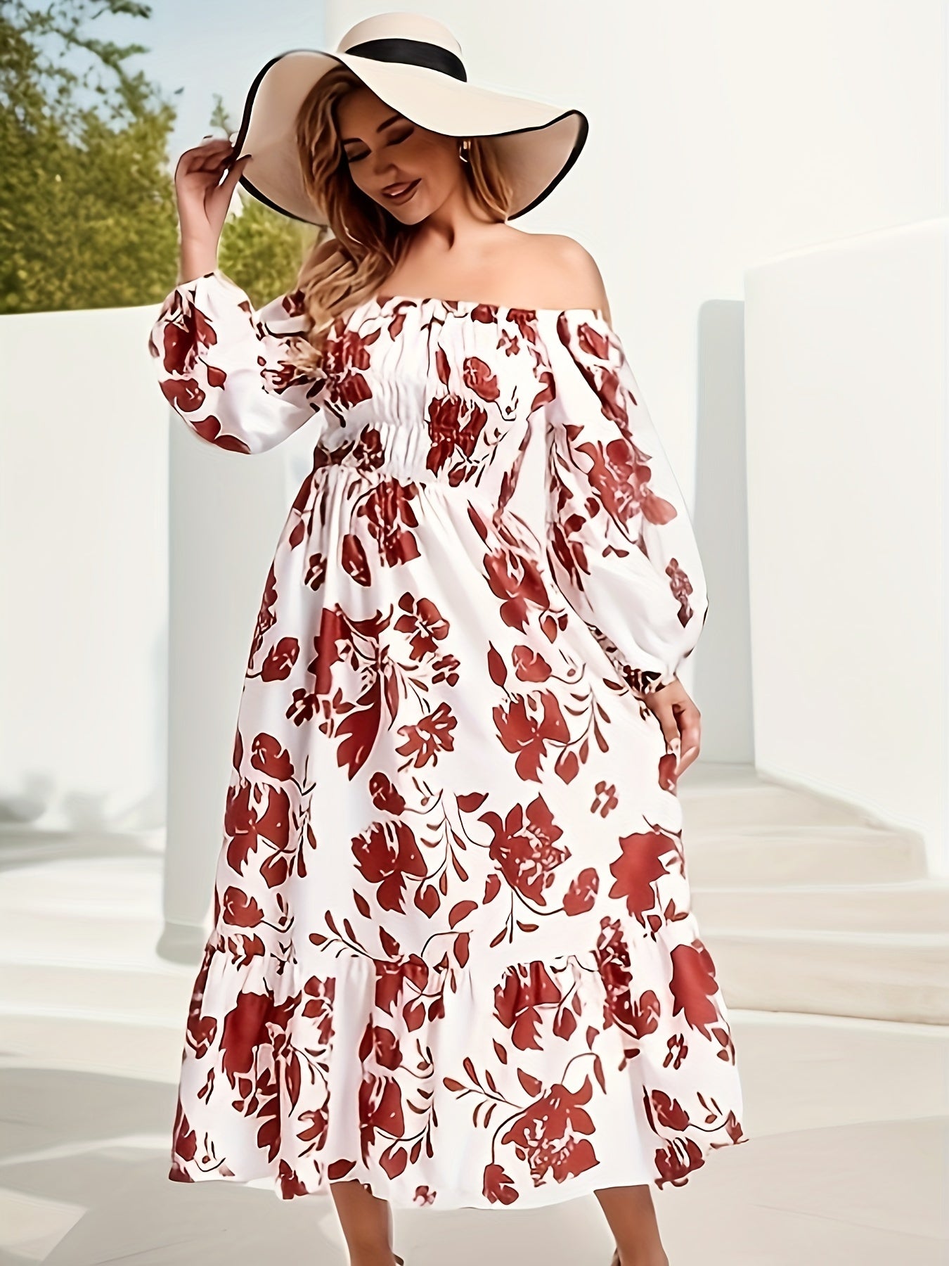 Floral Print High Waist Dress, Casual Lantern Sleeve Maxi Dress, Women's Clothing
