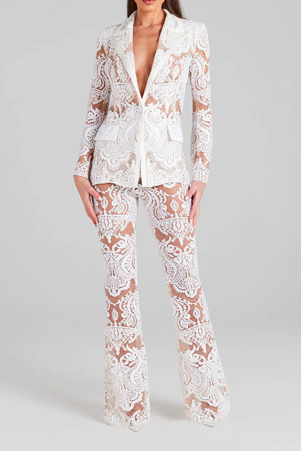 storexq Sequined Decor Glamorous See-Through Lace Pant Suit