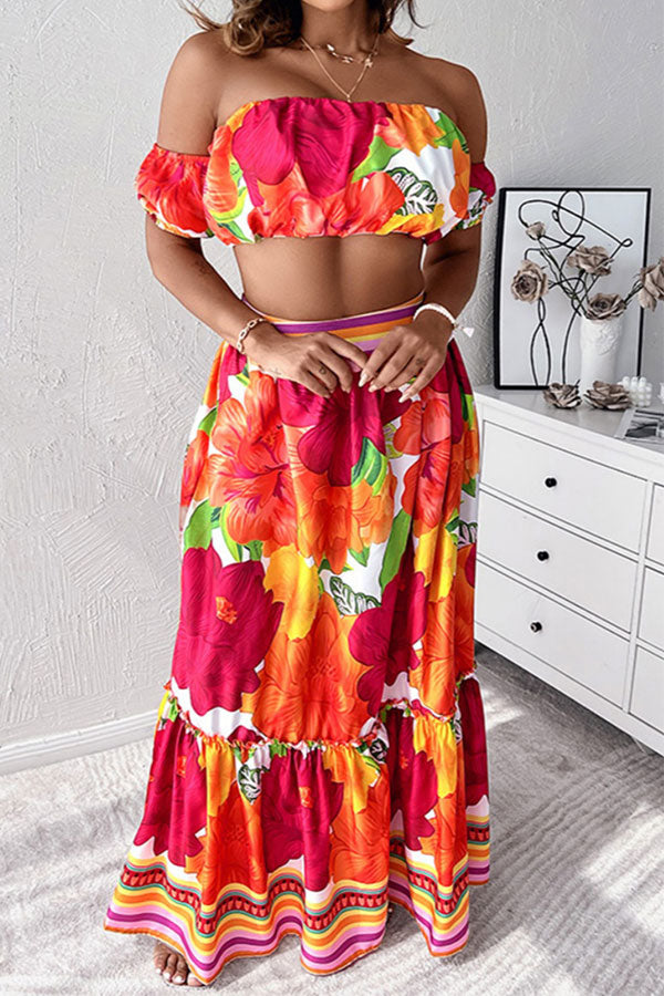 storexq Floral Print Tropical Strapless Tiered Dress Suit