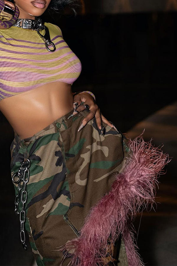 storexq Camouflage Rocking Feather Trim Irregular Skirt