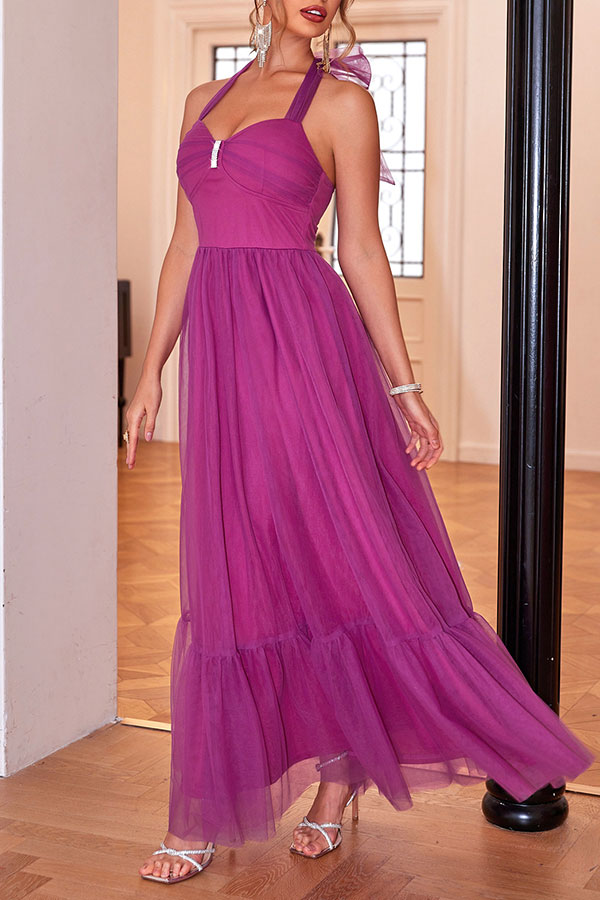 storexq Solid Color Mesh Pretty Rhinestone Decor Ruffle Midi Dress