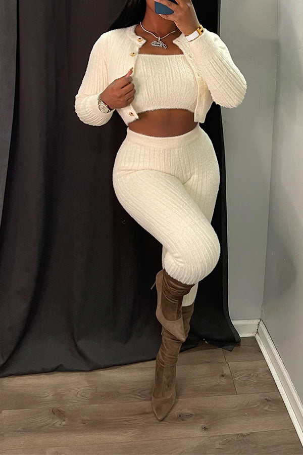storexq Solid Color Simple Bodycon Knitted Pant Suit (Three Pieces)